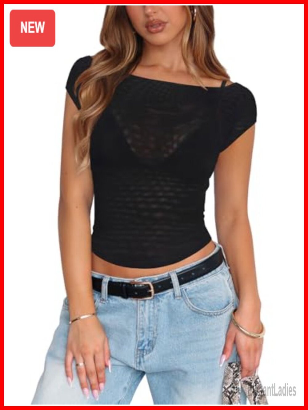 Women Mesh Double Lined Boat Neck Cap Sleeve Cropped Going Out Top